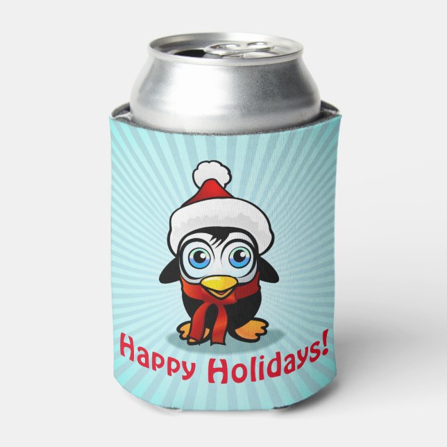 Funny Penguin Santa Claus Can Cooler (Can Front)