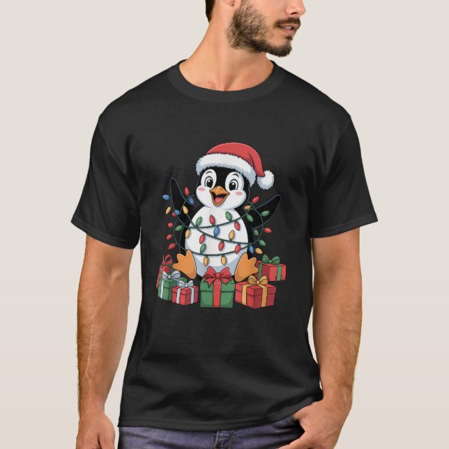 Funny Penguin Santa Hat Animals Lovers Ugly Christ T-Shirt (Front)