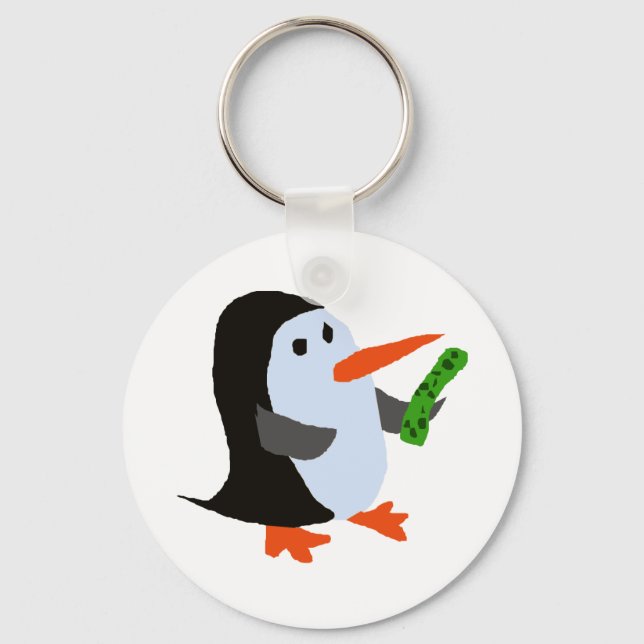 Funny Penguin with a Pickle Shirt Key Ring (Front)