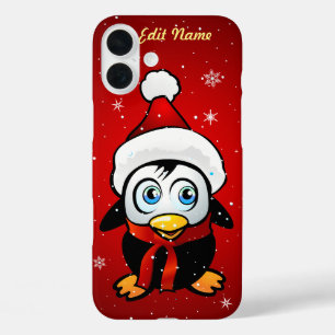 Funny Penguin With Xmas Hat iPhone 16 Plus Case