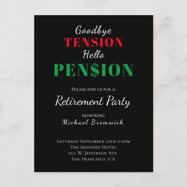 Funny Pension Retirement Party Invitation Postcard (Front)