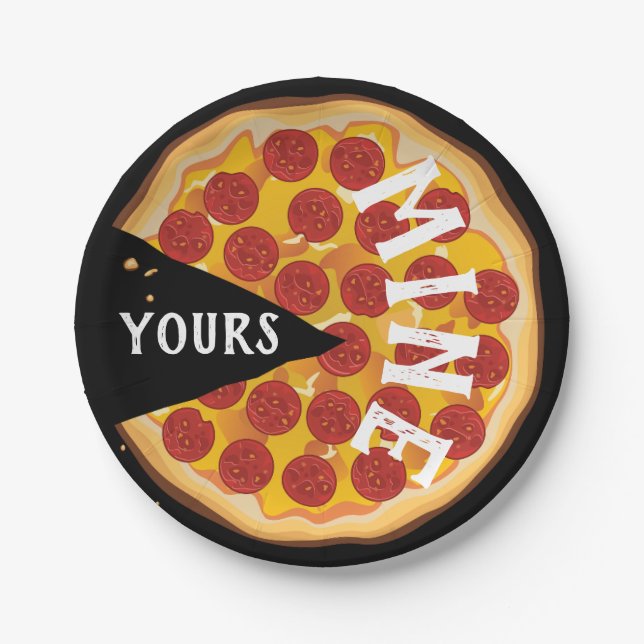Funny pepperoni pizza cute party red black paper plate (Front)