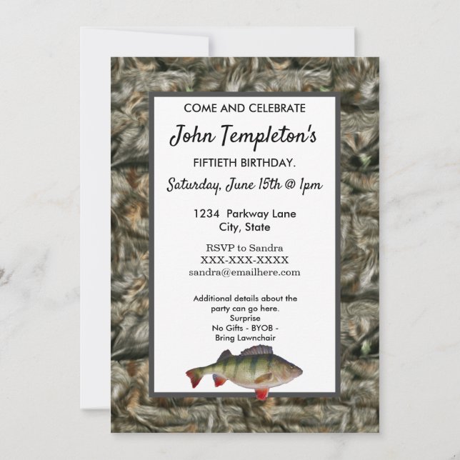 Funny Perch Fishing Men's Camo Birthday Invite (Back)
