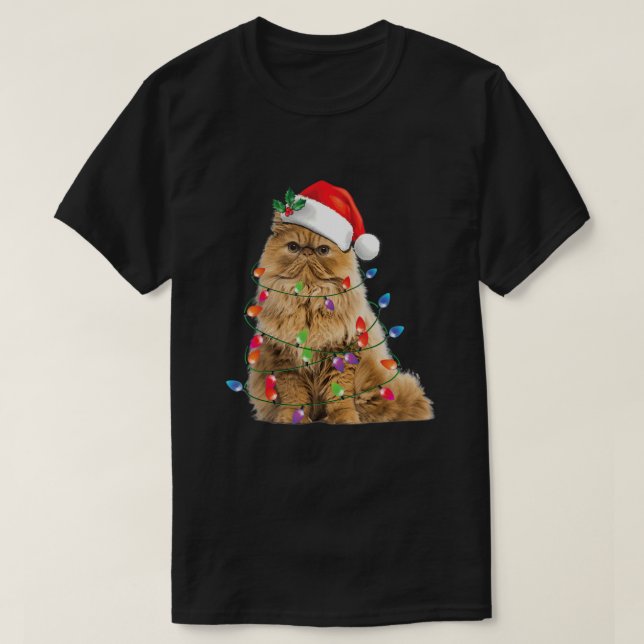Funny Persian Cat Christmas Lights Xmas Pajama Cat T-Shirt (Design Front)