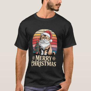 Funny Persian Cat Santa Hat Christmas Lights Retro T-Shirt