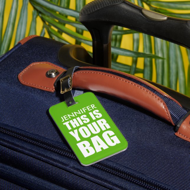 Funny Personalised Bag Attention Travel Green Luggage Tag (Front Insitu 1)
