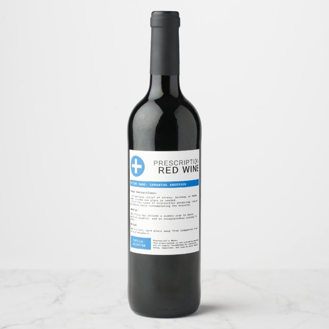 Funny Personalised Blue Prescription Wine Label (Front)