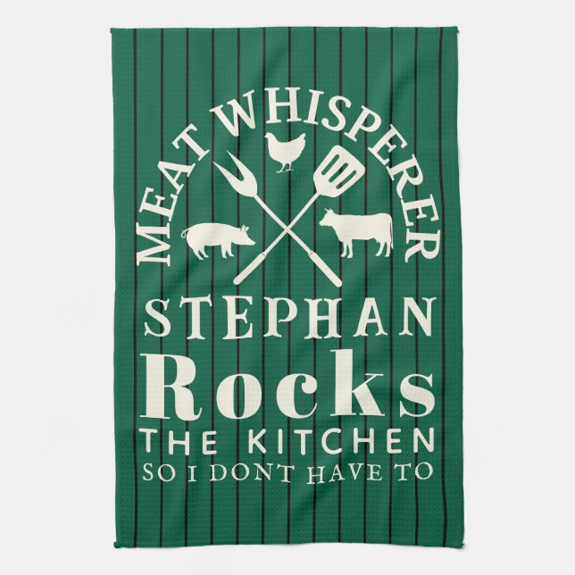 Funny personalised Kitchen Meat Whisperer Green Tea Towel (Vertical)