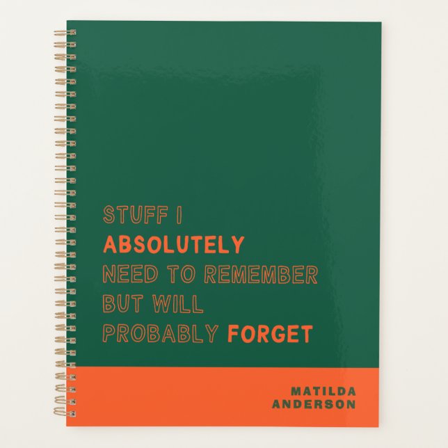 Funny Personalised Modern Green Orange Custom Name Planner (Front)