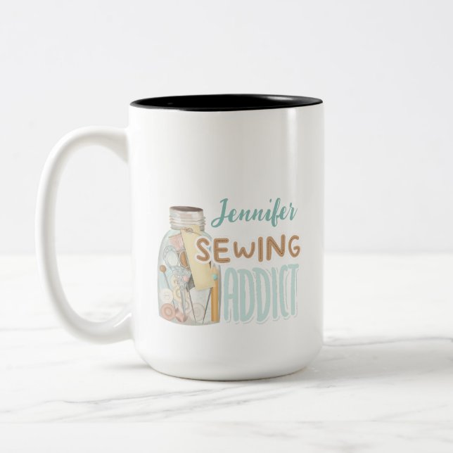 Funny Personalised Name Seamstress Sewing Addict Two-Tone Coffee Mug (Left)
