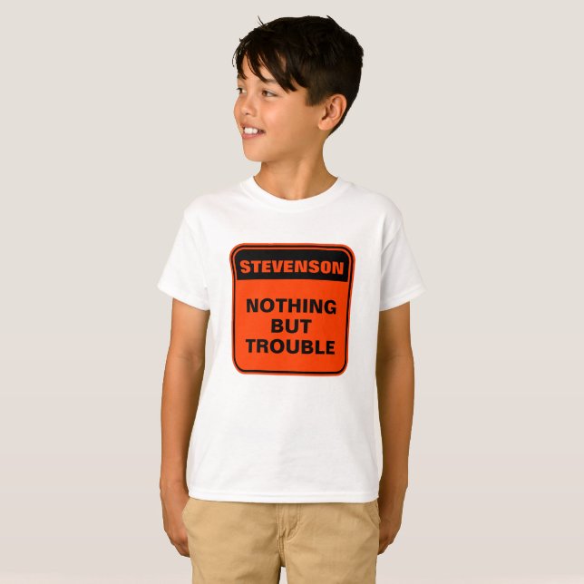 Funny personalised orange nothing but trouble kids T-Shirt (Front Full)
