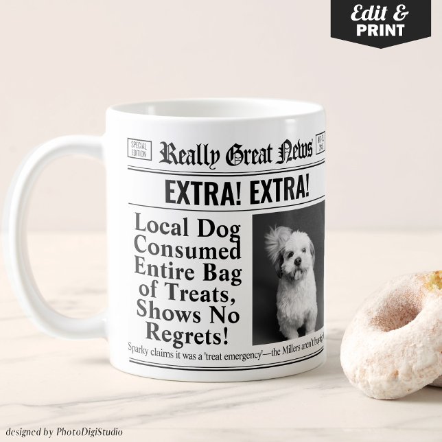 Funny Personalised Pet Mug, Editable Newspaper Mug (Editable Funny Gift for Pet Owner, Personalized Mug Newspaper Mug with Pet Photo)