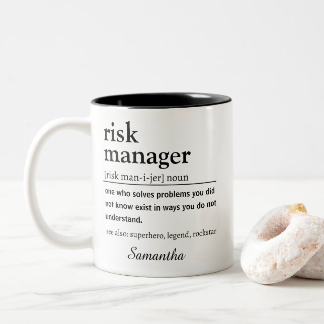 Funny Personalised Risk Manager Definition Two-Tone Coffee Mug (With Donut)