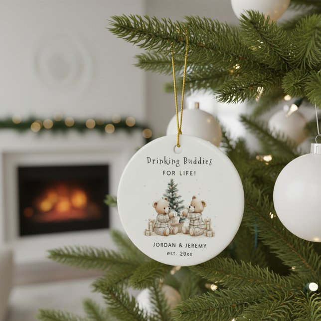 Funny Personalized Twin Drinking Buddies Christmas Ceramic Tree Decoration (Funny Personalized Twin Drinking Buddies Christmas Ceramic Ornament)