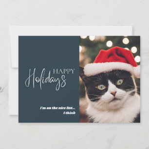 Funny Pet Christmas Cat Nice List Blue Holiday Card