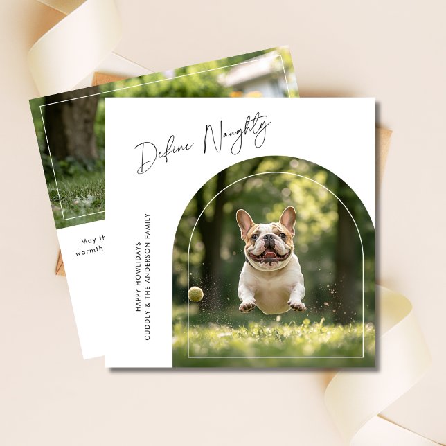 Funny Pet Define Naughty Dog Christmas Arch Photo Holiday Card (Creator Uploaded)