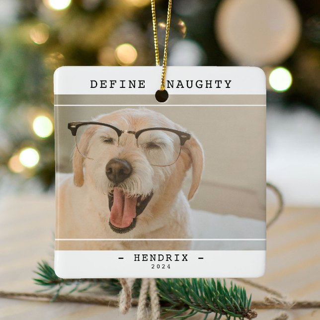Funny Pet 'Define Naughty' Photo Christmas Ceramic Ornament (Creator Uploaded)