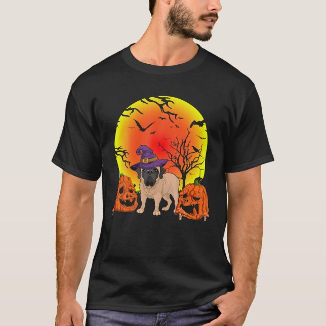 Funny Pet English Mastiff Dog Witch Hat Halloween T-Shirt (Front)