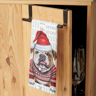Funny Pet Lover Holiday Bulldog Christmas Tea Towel