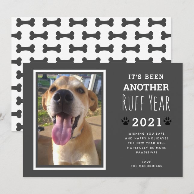 Funny Pet Photo Grey Dog Bones Ruff Year 2021 Holiday Card (Front/Back)
