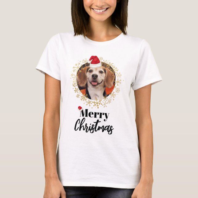 Funny Pet Photo Red Santa Hat Snowflakes Christmas T-Shirt (Front)