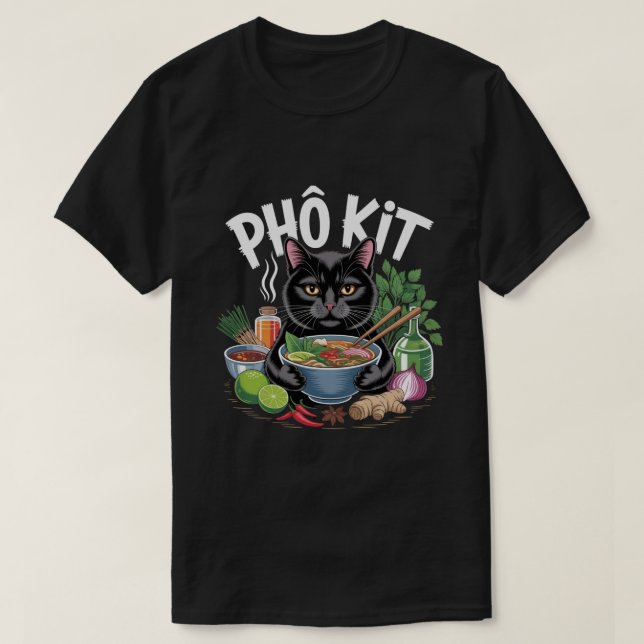 Funny “Phô Kit” Black Cat T-Shirt (Design Front)