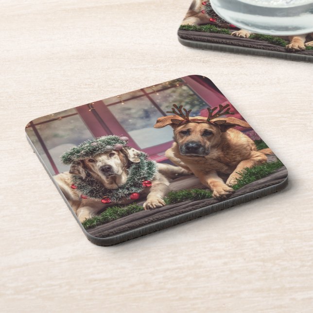Funny Photo Dogs in Christmas Antlers and Headwear Coaster (Left Side)