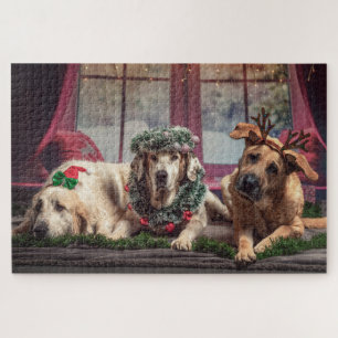 Funny Photo Dogs in Christmas Antlers and Headwear Jigsaw Puzzle
