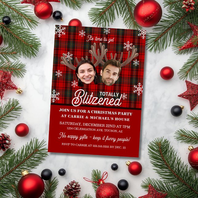 Funny Photo Face Blitzened Christmas Party Invitation (Funny cocktail or office party invitation with two faces, antlers for totally blitzened invitation)
