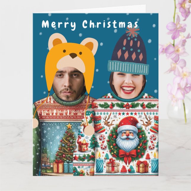 Funny Photo Personalised Christmas Jumper Holiday  Card (Orchid)