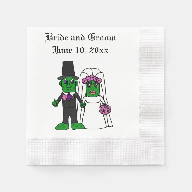 Funny Pickle Bride and Groom Wedding Cartoon Napkin (Front)