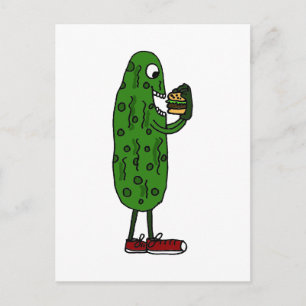 Funny Pickle Eating Hamburger Cartoon Postcard