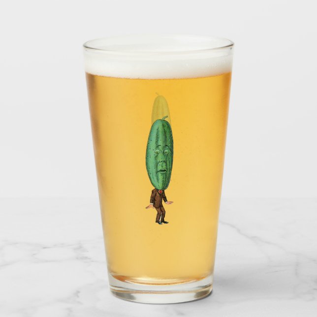 Funny Pickle Head Man Brown Suit Surprised Face Glass (Front Filled)