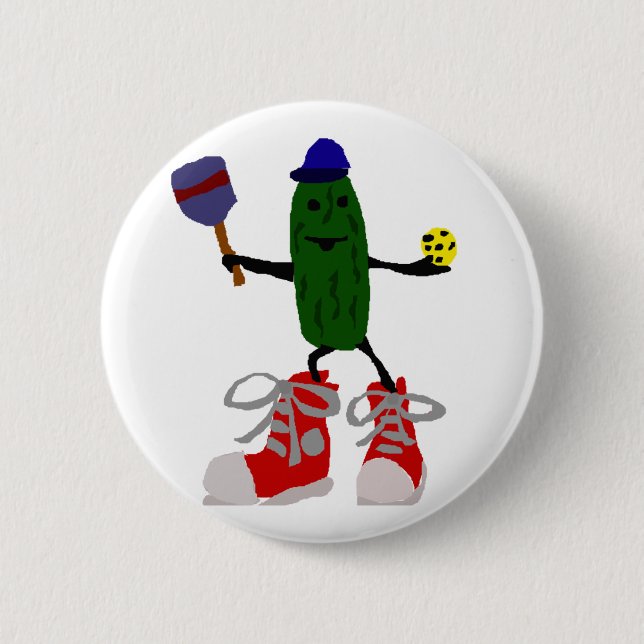 Funny Pickle Holding Pickleball and Paddle 6 Cm Round Badge (Front)