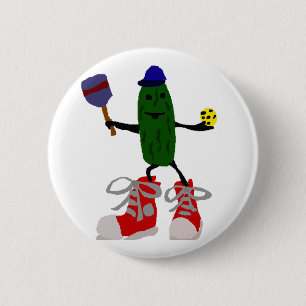 Funny Pickle Holding Pickleball and Paddle 6 Cm Round Badge