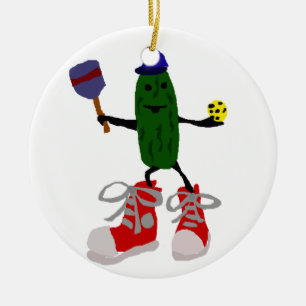 Funny Pickle Holding Pickleball and Paddle Ceramic Tree Decoration
