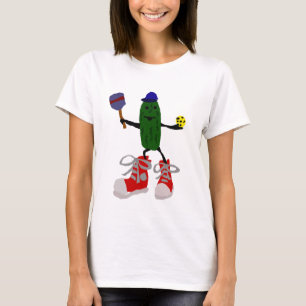 Funny Pickle Holding Pickleball and Paddle T-Shirt