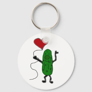 Funny Pickle is Holding Red Heart Balloon Key Ring
