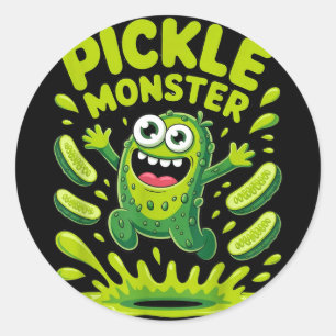 Funny pickle monster cartoon design  classic round sticker