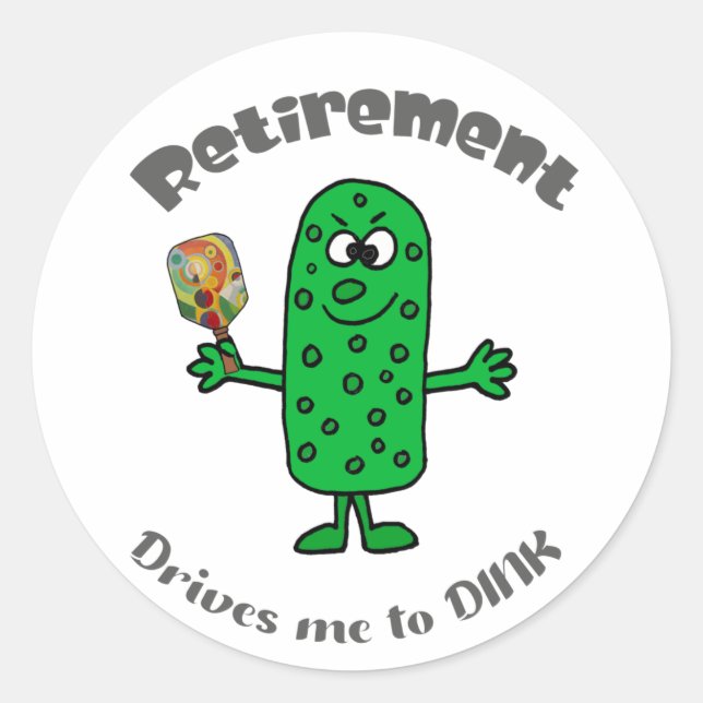 Funny Pickle Pickleball Player Retirement Cartoon Classic Round Sticker (Front)