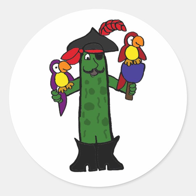 Funny Pickle Pirate with Parrots Classic Round Sticker (Front)