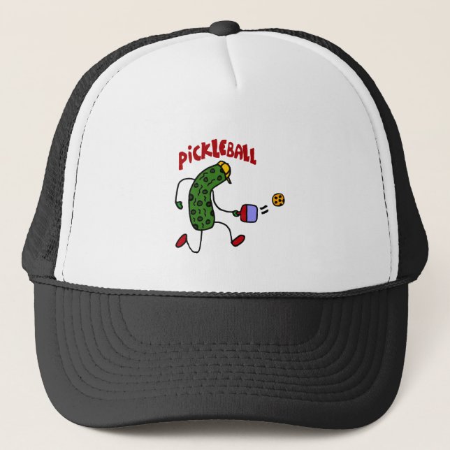 Funny Pickle Playing Pickleball Action Design Trucker Hat (Front)