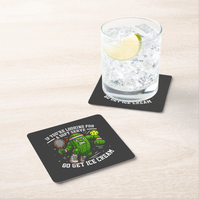 Funny Pickle Playing Pickleball Square Paper Coaster (Insitu)