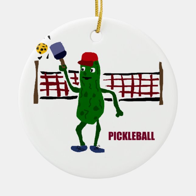Funny Pickle Playing Pickleball with Net Art Ceramic Tree Decoration (Front)