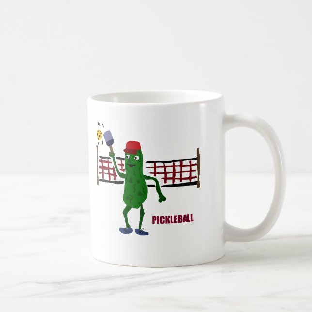 Funny Pickle Playing Pickleball with Net Art Coffee Mug (Right)