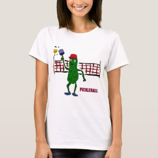 Funny Pickle Playing Pickleball with Net Art T-Shirt