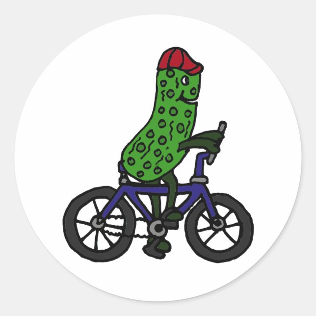 Funny Pickle Riding Bicycle Cartoon Classic Round Sticker (Front)