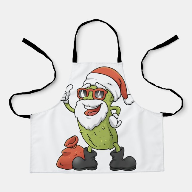 Funny Pickle Santa Claus Christmas Cartoon Holiday Apron (Front)