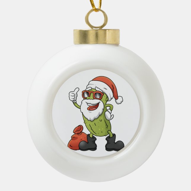 Funny Pickle Santa Claus Christmas Cartoon Holiday Ceramic Ball Christmas Ornament (Front)