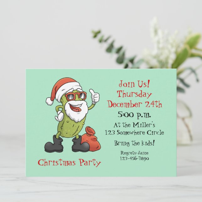 Funny Pickle Santa Claus Christmas Cartoon Holiday Invitation (Standing Front)